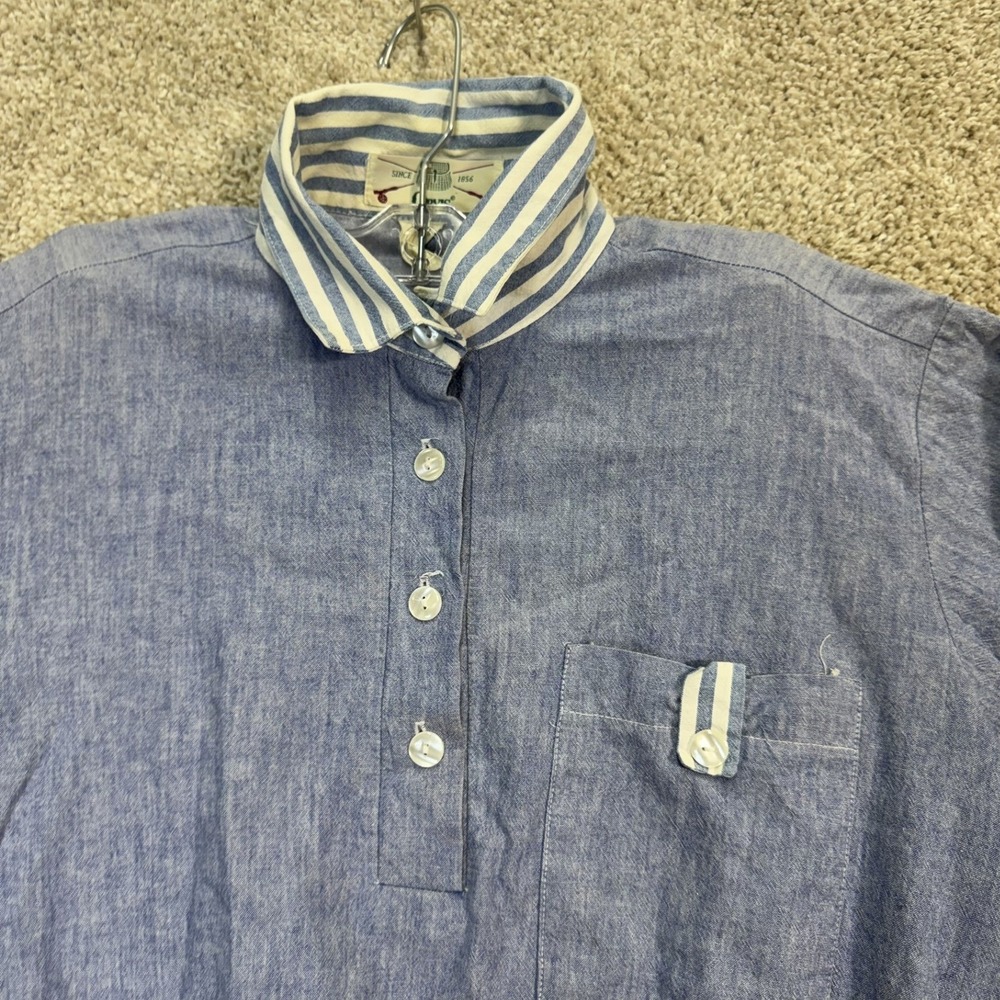 Orvis Men's Size Medium Blue Chambray Pullover Shirt Collared Striped Trim - Picture 3 of 7